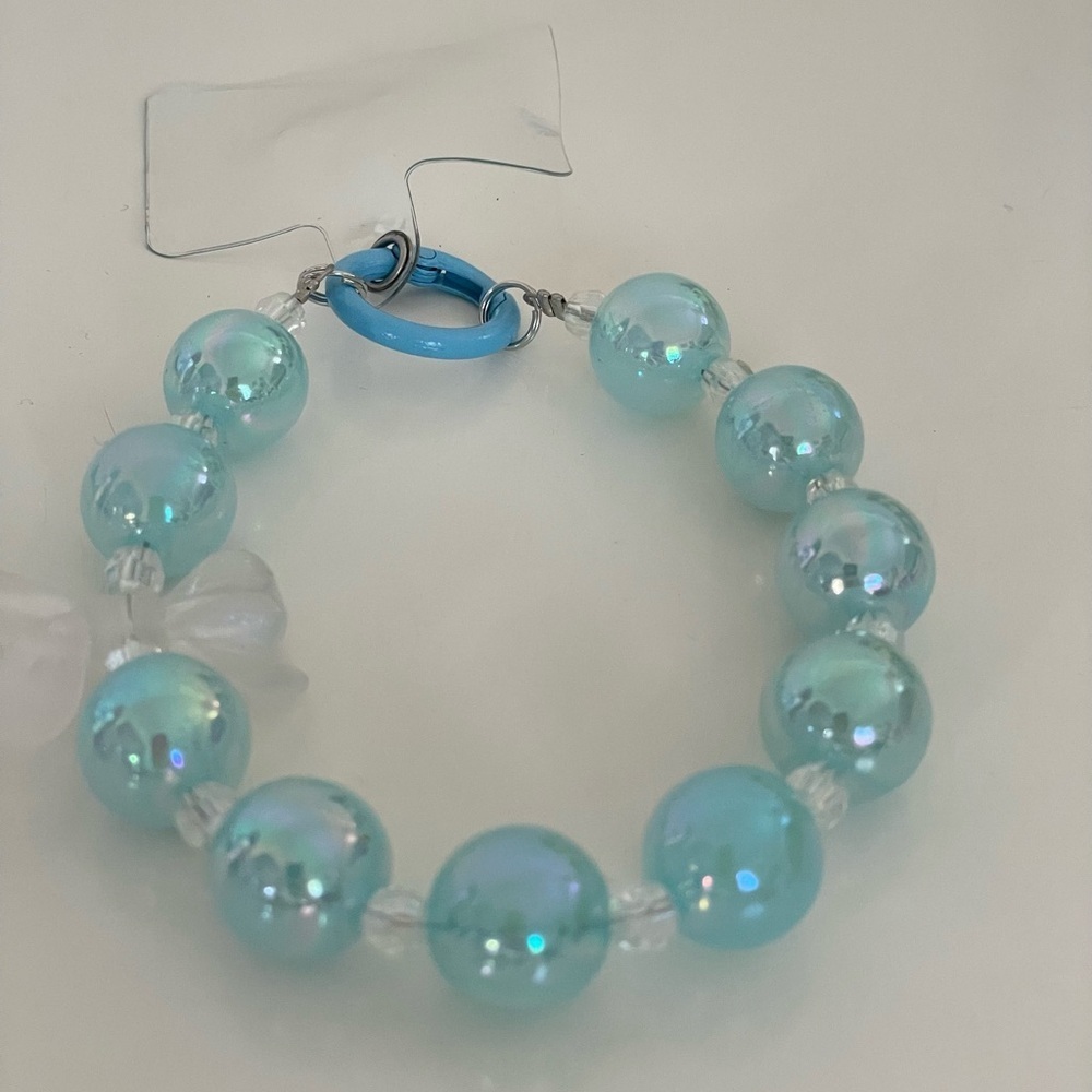 Large Blue Beaded with Clear Bow Charm Phone Accessory Wristlet with Phone Tab - Picture 6 of 15